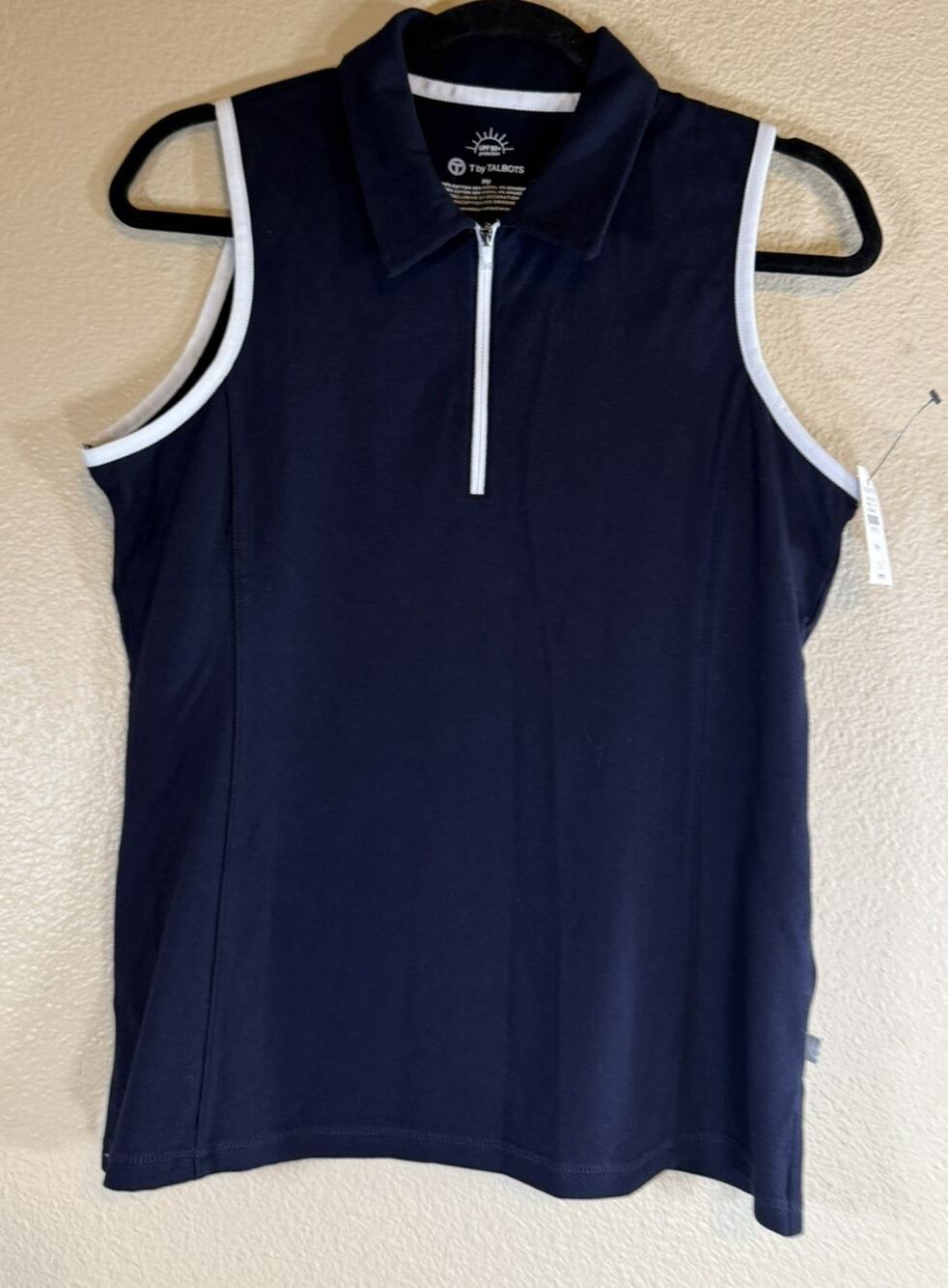 NWT T By Talbots Petite Medium MP UPF 50 Pique Polo Navy White